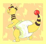  ambiguous_gender ampharos blush cuddlehooves diaper embarrassed fur looking_at_viewer nintendo pok&eacute;mon simple_background solo stripes video_games yellow_fur 