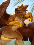  ambiguous_gender anthro avian beak beverage feathered_wings feathers gryphon levelviolet nude open_mouth outside sitting smile solo wings 