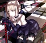  artoria_pendragon_(all) bare_shoulders black_legwear breasts choker cleavage dark_excalibur elbow_gloves fate/grand_order fate/stay_night fate_(series) gloves kneeling medium_breasts pale_skin saber_alter solo thighhighs xyomouse yellow_eyes 