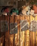  4boys bakugou_katsuki blonde_hair boku_no_hero_academia clonion covered_mouth fence fingers freckles green_eyes green_hair highres horns instagram_username kirishima_eijirou leaf looking_at_viewer looking_to_the_side male_focus midoriya_izuku multicolored_hair multiple_boys open_mouth outdoors parted_lips plant red_eyes red_hair sharp_teeth short_hair teeth todoroki_shouto two-tone_hair wanted white_hair wood wooden_fence 