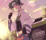  artist_request black_hair double_buns eyes_closed female fingerless_gloves forehead_protector gloves midriff naruto naruto_shippuuden navel open_clothes outdoors scroll smile solo sunset tenten v 