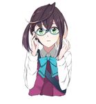  absurdres blouse blue-framed_eyewear dress glasses green_eyes highres kantai_collection long_sleeves looking_at_viewer morinaga_miki multicolored_hair okinami_(kantai_collection) open_mouth ribbon short_hair simple_background solo white_blouse 