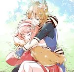  1boy 1girl animal_ears brown_hair couple fire_emblem fire_emblem_if fox_ears fox_tail hand_on_another's_head hand_on_head john_ggg kitsune nintendo nishiki_(fire_emblem_if) petals pink_hair sakura_(fire_emblem_if) sleeping spooning tail 