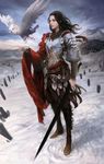  1girl armor belt boots breastplate brown_hair cape long_hair owl pteruges red_cape snow solo standing sword vambraces weapon 
