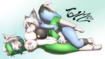  2015 anthro areola big_breasts black_fur blue_background blue_eyes blue_fur blush breast_fondling breast_squish breast_suck breasts breasts_frottage canine claws dildo drooling duo entwined_tails eyes_closed female female/female fondling fox fur gloves_(marking) green_fur green_hair hair half-closed_eyes hand_on_breast huge_breasts inner_ear_fluff lying mammal markings multicolored_fur multicolored_hair navel nipples nude on_back open_mouth penetration pussy pussy_juice raised_leg saliva saliva_string sex_toy simple_background socks_(marking) spread_legs spreading sucking tailzkim teeth toe_claws tongue tongue_out two_tone_hair vaginal vaginal_penetration vibrator white_fur white_hair wolf 
