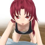  bangs breasts chestnut_mouth downblouse extended_downblouse eyebrows_visible_through_hair frown highres kneeling long_hair looking_at_viewer looking_up mahou_shoujo_madoka_magica open_mouth petite pov red_eyes red_hair round_teeth sakura_kyouko sat-c small_breasts solo tank_top teeth tongue tsurime 