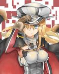  absurdres anchor aqua_eyes bismarck_(kantai_collection) blonde_hair brown_gloves coat detached_sleeves gloves hair_over_one_eye hat highres jacket_on_shoulders kantai_collection long_hair peaked_cap ranf sidelocks smile solo 