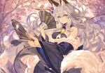  animal_ears bare_shoulders breasts cherry_blossoms cleavage fan folding_fan fox_ears fox_tail hair_between_eyes hair_ornament halterneck holding japanese_clothes kanzashi long_hair looking_at_viewer medium_breasts multiple_tails o-ring o-ring_top off_shoulder pixiv_fantasia pixiv_fantasia_t purple_eyes saberiii silver_hair smile solo tail whisker_markings wide_sleeves 