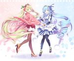  absurdly_long_hair akiyoshi_(tama-pete) blue_eyes blue_hair bonnet borrowed_design dress dual_persona full_body green_eyes green_hair hatsune_miku high_heels holding_hands long_hair looking_at_viewer multiple_girls open_mouth pantyhose sakura_miku striped striped_legwear twintails vertical-striped_legwear vertical_stripes very_long_hair vocaloid yuki_miku 