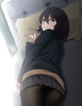  ass black_hair black_legwear blue_eyes blush frown hair_between_eyes highres indoors looking_at_viewer lying mole mole_under_eye on_bed on_side original pantyhose pillow pleated_skirt saitou_(lynx-shrike) school_uniform short_hair skirt solo uniform 