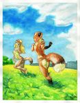  2016 aleutia anthro athletic blonde_hair blue_eyes breasts bridled_weasel brown_fur butt canine cloud exhibitionism female field flower fox fur hair interspecies jewelry kalahari looking_at_viewer male mammal marker_(artwork) multicolored_fur mustelid nipples nude nudist paws piercing plant running sky smile tan_fur traditional_media_(artwork) two_tone_fur weasel 