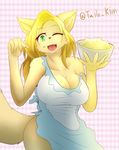  2015 anthro apron big_breasts blonde_hair bottomless bowl breasts brown_fur canine claws cleavage clothed clothing english_text female food fox fur green_eyes hair hi_res long_hair looking_at_viewer mammal off_shoulder one_eye_closed open_mouth raised_tail smile solo standing tailzkim teeth text wink 