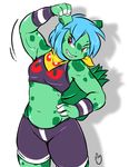  2016 anthro blue_hair bra breasts bulbasaur clothed clothing duckdraw fangs female flexing green_skin grin hair hand_on_hip midriff muscular muscular_female navel neckerchief nintendo pok&eacute;mon pok&eacute;morph pose red_eyes reptile scalie shorts simple_background small_breasts solo sports_bra spots underwear video_games white_background wristband 
