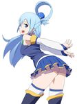  aqua_(konosuba) arms_behind_back ass bare_shoulders blue_eyes blue_hair commentary_request detached_sleeves hair_bobbles hair_ornament hair_rings kono_subarashii_sekai_ni_shukufuku_wo! long_hair looking_at_viewer looking_to_the_side no_panties open_mouth outstretched_arms ribonzu skirt solo white_background 