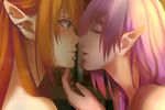  bad_id bad_pixiv_id bare_shoulders closed_eyes earrings elf face-to-face finger_to_another's_chin green_eyes imminent_kiss jewelry lip_piercing multiple_girls orange_hair original piercing pink_hair pointy_ears yuri zxlai 