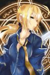  ahoge arabic artoria_pendragon_(all) breasts cleavage fate/stay_night fate/zero fate_(series) formal greek green_eyes lipeipei_skylar loose_necktie magic_circle necktie ponytail saber small_breasts solo suit unbuttoned unbuttoned_shirt 