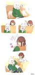  1boy 1other =_= ? absurdres androgynous artist_name asriel_dreemurr blowing_in_ear blush brown_hair caribun closed_eyes comic drooling fangs frisk_(undertale) furry grin hands_in_pockets highres hood hoodie horns md5_mismatch monster_boy o_o older open_mouth shirt short_hair silent_comic simple_background sleeping smile spoilers stitched striped striped_shirt surprised third-party_edit undertale what_if white_background zzz 