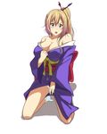 1girl blonde_hair blush breasts female japanese_clothes kawakami_mai kimono large_breasts long_hair looking_at_viewer musaigen_no_phantom_world off_shoulder open_mouth purple_eyes sbel02 side_ponytail solo traditional_clothes 