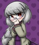  adjusting_eyewear bad_id bad_pixiv_id bespectacled blush covering_mouth dress glasses half_updo heart heart_background index_finger_raised inunoko. jacket kishin_sagume looking_at_viewer purple_background red_eyes semi-rimless_eyewear short_hair silver_hair single_wing solo touhou wings 