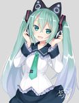  animal_ears aqua_eyes aqua_hair axent_wear bad_id bad_pixiv_id blush capriccio cat_ear_headphones cat_ears commentary_request frills hatsune_miku headphones long_hair looking_at_viewer necktie open_mouth skirt smile solo twintails very_long_hair vocaloid 