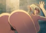  1girl against_wall ass blonde_hair breasts earrings elf homare_(fool&#039;s_art) homare_(fool's_art) jewelry large_breasts nail_polish pointy_ears thong topless underwear 