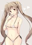  :p \m/ ahoge artist_name ass_visible_through_thighs bikini black_ribbon blonde_hair blush breasts cleavage closed_mouth collarbone dated eyebrows eyebrows_visible_through_hair gin'ichi_(akacia) grey_background groin hand_gesture head_tilt heart highres kantai_collection large_breasts long_hair micro_bikini murasame_(kantai_collection) red_eyes ribbon side-tie_bikini simple_background smile solo swimsuit tareme thigh_gap tongue tongue_out twintails very_long_hair white_bikini 