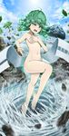  barefoot blush breasts chromatic_aberration draw-till-death green_eyes green_hair highres mountain navel nude one-punch_man onsen open_mouth small_breasts solo tatsumaki teeth telekinesis towel tree wet 