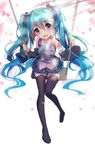  aqua_hair bison_cangshu blue_eyes detached_sleeves from_above hatsune_miku highres long_hair looking_at_viewer necktie open_mouth petals skirt solo swing thighhighs twintails very_long_hair vocaloid white_background 