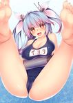  :d antenna_hair bangs barefoot blue_hair blush breasts cameltoe cleavage eyebrows eyebrows_visible_through_hair fang feet hair_ribbon headgear highres i-19_(kantai_collection) kantai_collection large_breasts legs_up long_hair looking_at_viewer name_tag obiwan one-piece_swimsuit open_mouth pink_hair red_eyes revision ribbon school_swimsuit skin_tight smile soles solo spread_legs star star-shaped_pupils swimsuit symbol-shaped_pupils text_focus tongue torpedo tri_tails twitter_username water 