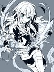  boots capelet grey_background hair_between_eyes hair_tubes hijiri_(resetter) long_hair looking_at_viewer male_focus monochrome original simple_background sketch skirt sleeves_past_wrists smile solo spot_color thigh_boots thighhighs 