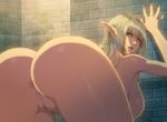  1girl against_wall ass bent_over blonde_hair blue_eyes breasts censored elf homare_(fool&#039;s_art) homare_(fool's_art) huge_ass large_breasts nail_polish nude pointy_ears pussy 