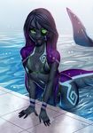  2016 alanscampos anthro bent_over bikini black_hair bra clothed clothing eye_patch eyewear female fish green_eyes grey_skin hair looking_at_viewer marine multicolored_hair navel open_mouth purple_hair purple_skin shark sharp sharp_teeth skimpy smile solo swimsuit teeth text tongue two_tone_hair underwear water wet white_skin 