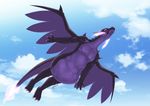  2016 ambiguous_gender bat_wings belly big_belly black_scales black_tongue blush claws cloud drooling english_text feral fire flying looking_at_viewer mega_charizard mega_charizard_x mega_evolution membranous_wings nintendo nude outside pok&eacute;mon post_vore purple_claws purple_eyes purple_horn purple_scales saliva scales signature sky solo text toe_claws tongue tongue_out video_games vore vvitch wings 