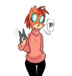  argonian audrey blind blue_eyes claws clothing female hair hand_gesture herny horn peace_sign_(disambiguation) red_hair red_scales scales scalie sweater the_elder_scrolls video_games 