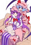  2girls :d ascot bat_wings beamed_eighth_notes blue_hair blush book bow brooch couch crescent crescent_hair_ornament dress eichi_yuu eighth_note hair_ornament hat hat_ribbon jewelry long_hair mob_cap multiple_girls musical_note open_mouth patchouli_knowledge purple_eyes purple_hair red_eyes remilia_scarlet ribbon sitting smile striped striped_dress touhou wings 