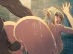 1boy 1girl against_wall anal ass blonde_hair blue_eyes breasts censored cum cum_in_pussy cum_on_body cum_on_breasts cum_on_lower_body cum_on_upper_body elf homare_(fool&#039;s_art) homare_(fool's_art) huge_ass large_breasts nail_polish nude penis pointy_ears pussy sex 
