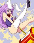  1girl animal_ears breasts bunny_ears bunny_tail bunnysuit cleavage detached_collar erina_(rabi-ribi) hammer purple_eyes purple_hair rabi-ribi simple_background solo tail 