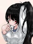  1girl adjusting_hair arm_behind_head beige_background black_hair collarbone hair_ornament hair_scrunchie hair_tie_in_mouth isokaze_(kantai_collection) kantai_collection kappougi long_hair long_sleeves mouth_hold red_eyes sailor_collar scrunchie shirt simple_background smile solo tying_hair upper_body white_background white_shirt 