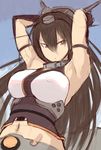  :| armlet armpits arms_behind_head arms_up belt black_gloves blue_background breasts brown_eyes brown_hair closed_mouth covered_nipples eyebrows eyebrows_visible_through_hair gloves headgear highres kantai_collection large_breasts long_hair midriff nagato_(kantai_collection) navel serious simple_background sketch solo stomach underbust upper_body v-shaped_eyebrows very_long_hair wa_(genryusui) 