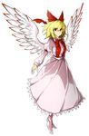  angel_wings arm_at_side armband blonde_hair boots crazy_smile dress full_body gengetsu highres kan_(aaaaari35) long_skirt looking_at_viewer red_eyes shiny shiny_hair short_hair simple_background skirt solo touhou touhou_(pc-98) white_background white_footwear white_skirt wings 