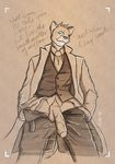  2016 anthro balls cat clothed clothing cougar english_text feline fur humanoid_penis looking_at_viewer male mammal pencil_(artwork) penis simple_background smile solo text tolbi traditional_media_(artwork) trenchcoat uncut 