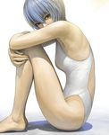  armpits ayanami_rei backless_outfit bare_arms bare_legs bare_shoulders barefoot blue_hair competition_swimsuit fingernails from_side knees_up legs_up looking_at_viewer looking_to_the_side neon_genesis_evangelion one-piece_swimsuit red_eyes short_hair simple_background solo swimsuit tsurime watanabe_yasuaki white_background white_swimsuit 