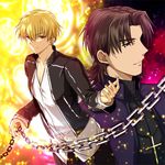  bad_id bad_pixiv_id blonde_hair brown_eyes brown_hair chain cross cross_necklace enkidu_(weapon) fate/stay_night fate_(series) gate_of_babylon gilgamesh jewelry kotomine_kirei male_focus multiple_boys necklace red_eyes shirt ty_1865 white_shirt 
