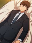  1boy bed_sheet black_eyes black_jacket black_pants brown_hair buttons dress_shirt expressionless formal from_above futon highres idolmaster idolmaster_cinderella_girls jacket long_hair long_sleeves looking_at_viewer male_focus pants pillow pocket producer_(idolmaster_cinderella_girls_anime) shirt solo suit surprised tatami turn_pale white_shirt wide-eyed 