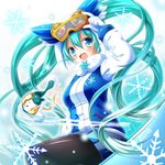  black_legwear blue_eyes blue_hair gloves goggles goggles_on_head hair_ornament hatsune_miku highres long_hair long_sleeves looking_at_viewer open_mouth osashin_(osada) pantyhose shirt skirt smile solo twintails very_long_hair vocaloid white_gloves 