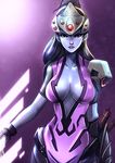  bodysuit breasts center_opening head_mounted_display highres imadeteguh large_breasts long_hair overwatch pink_bodysuit ponytail purple_skin solo widowmaker_(overwatch) yellow_eyes 