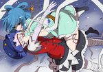  blue_dress blue_eyes blue_hair covering_mouth dress eichi_yuu hair_ornament hair_rings hair_stick hat jiangshi kaku_seiga miyako_yoshika multiple_girls ofuda outstretched_arms shawl star tongue tongue_out touhou vest zombie_pose 