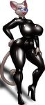  big_breasts big_butt bodysuit breasts butt cat clothing curvaceous eyewear feline female glasses hand_on_hip high_heels huge_breasts huge_butt lips lipstick looking_at_viewer mammal marauder6272 ninjabunneh seductive skinsuit smile thick_thighs tight_clothing voluptuous wide_hips 