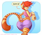  bag big_butt breasts butt feline fur green_eyes hair jaeh looking_at_viewer looking_back loree mammal orange_fur orange_hair side_boob speech_bubble stripes text thick_thighs tiger wide_hips 