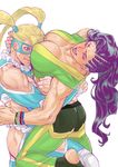  2girls asymmetrical_hair bearhug black_hair blonde_hair breasts capcom cleavage cornrows large_breasts laura_matsuda multiple_girls muscle nakama_yasukata rainbow_mika street_fighter street_fighter_v sweat toned 